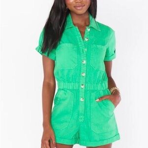 Show Me Your Mumu Cannon Shorts Romper in Green, Size Medium, Cotton Button Up
